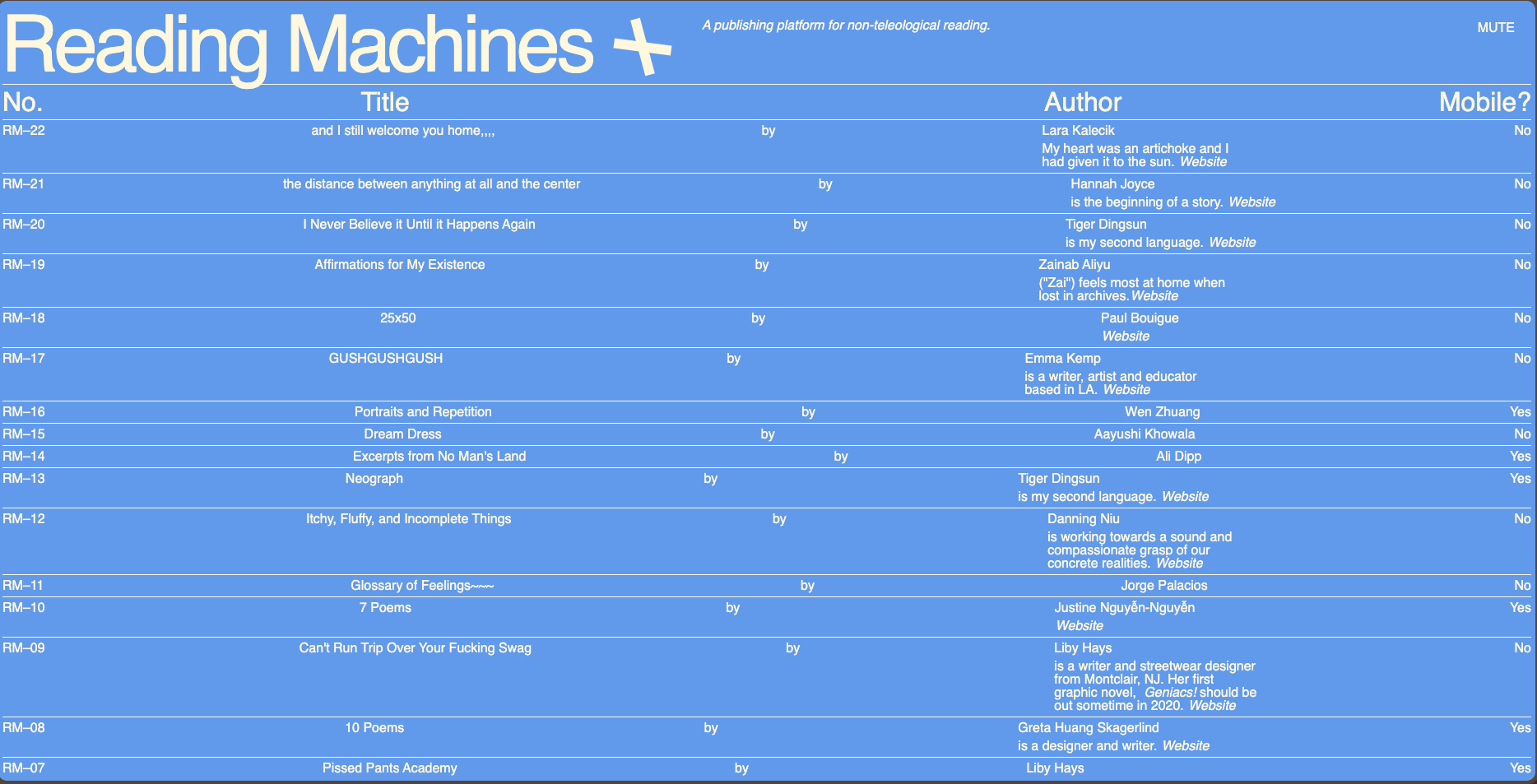 A blue digital catalog lists various literary works with columns for number, title, author, and mobile availability.