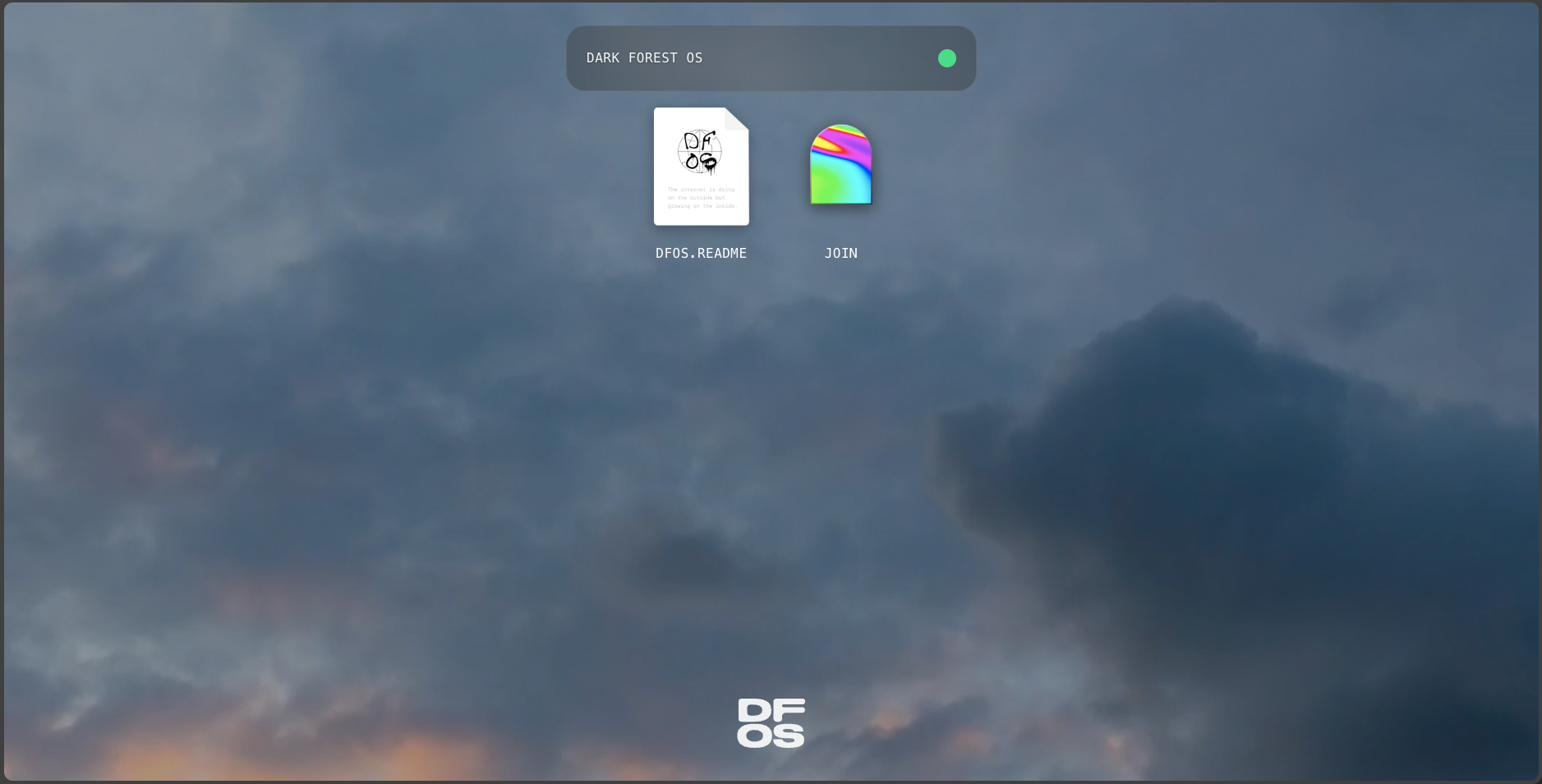 A computer desktop displays two icons, DFOS_README and Z0N, against a cloudy sky background with DARK FOREST OS noted above.