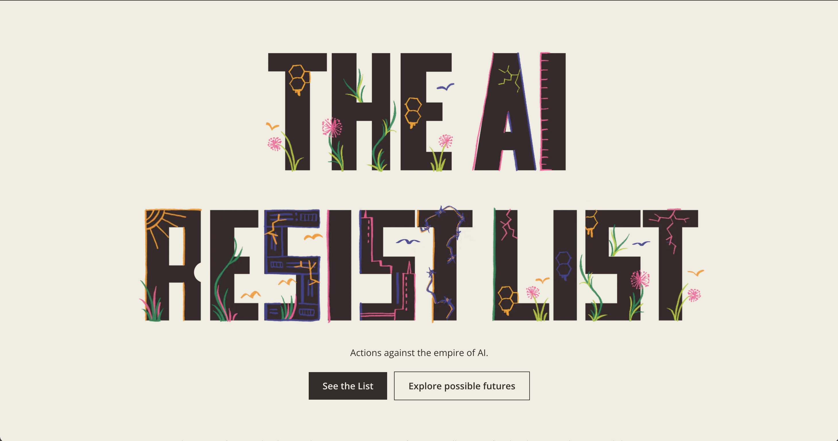 Text in large letters spells out THE AI RESIST LIST with colorful and abstract designs inside the letters.